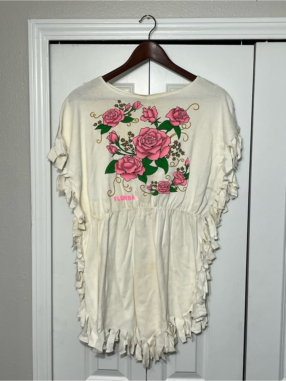 Vintage Florida Top Fringe Y2K Stretch Coastal Beach Blouse Rose Garden